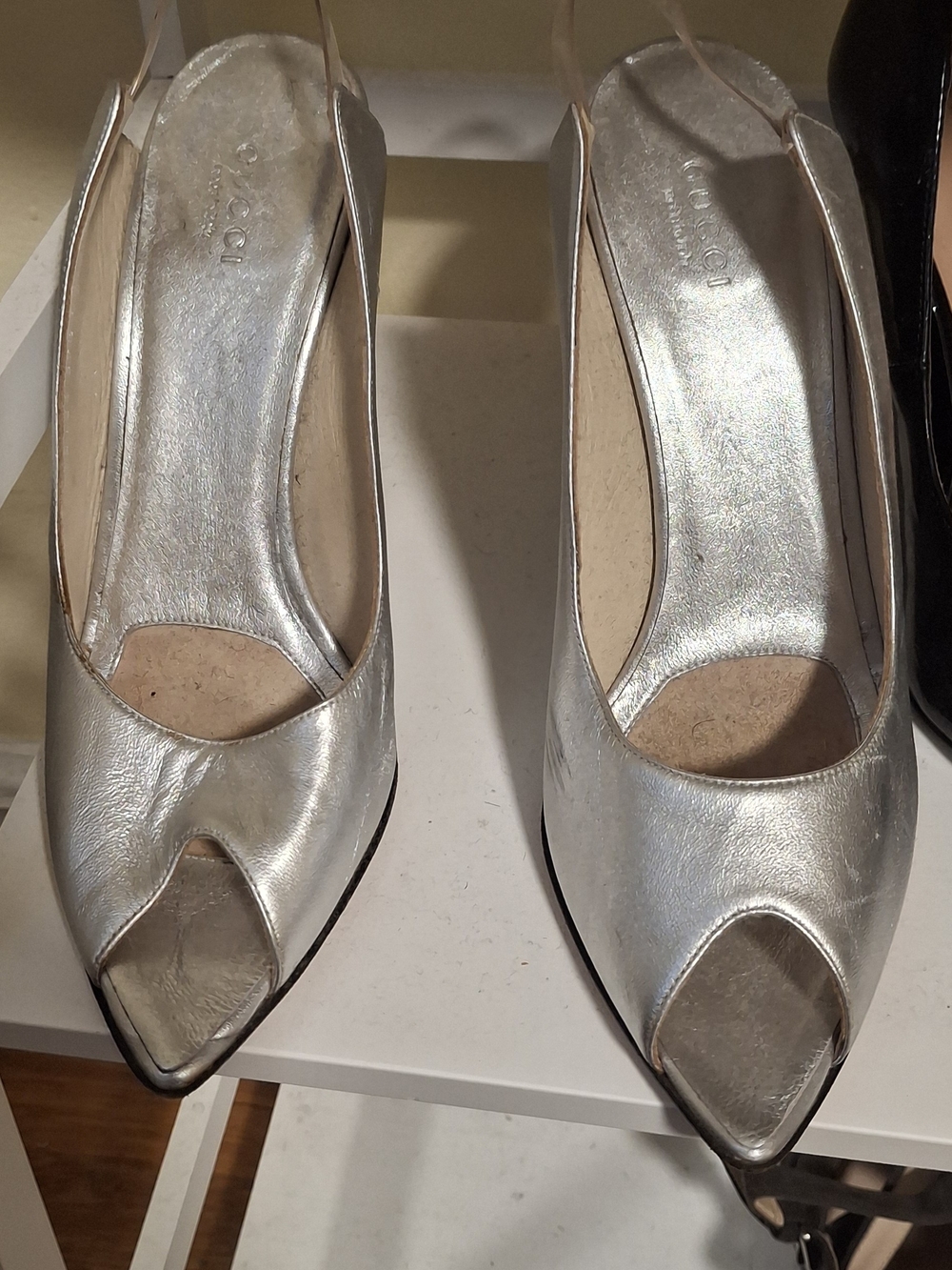 Gucci Silver Metallic Peep-Toe Slingback Heels